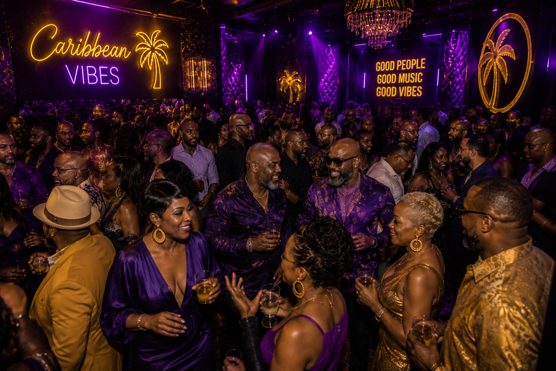 Packed dance floor with purple and gold lighting
